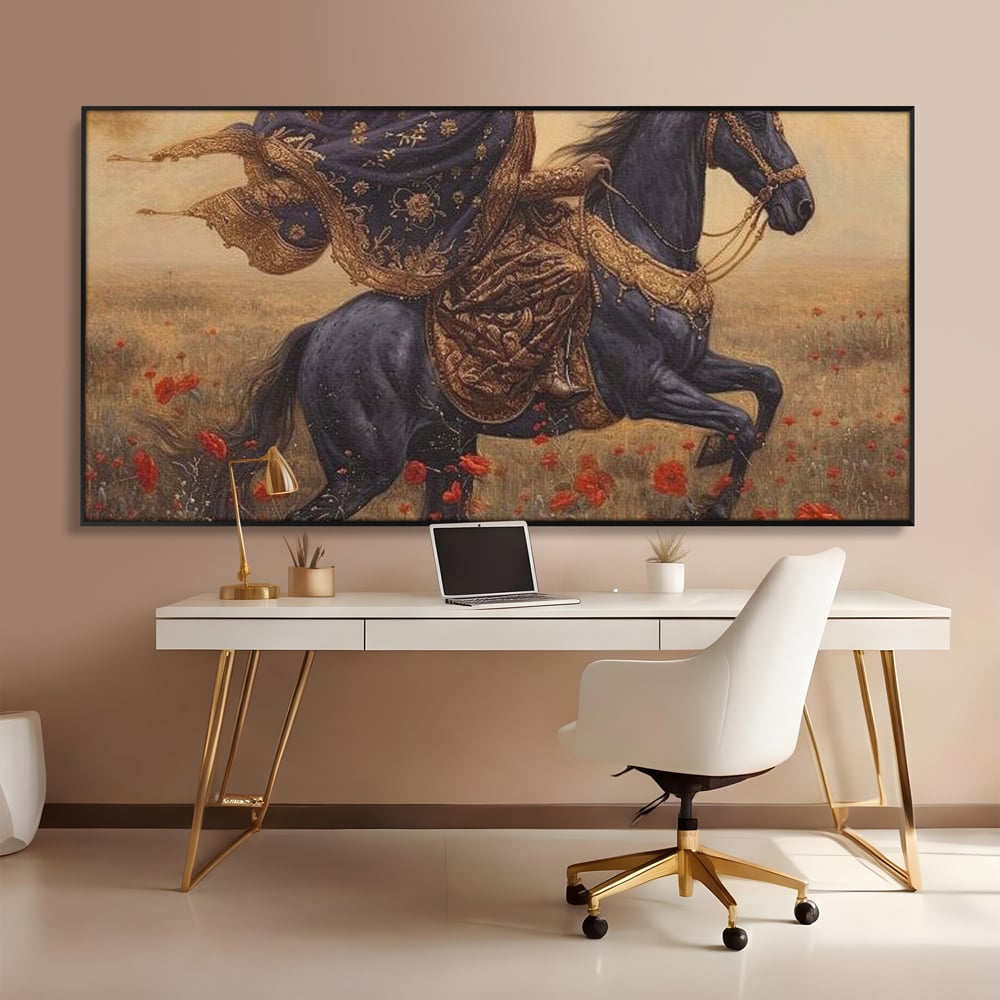 Tablou canvas cu printesa pe armasar negru in camp de maci, in rama de aluminiu negru, pe perete intr-un birou